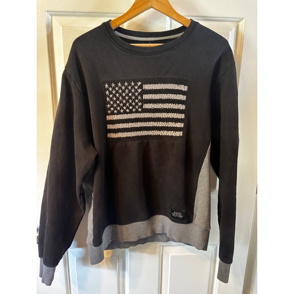 AKOO Mens Black Grey American Flag Embroidered Crewneck Sweatshirt XL 11 Patch